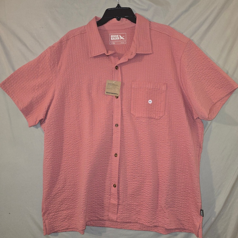 Eddie Bauer Alderpine Seersucker Shirt 2XL Mens Pink Short Sleeve Button Down